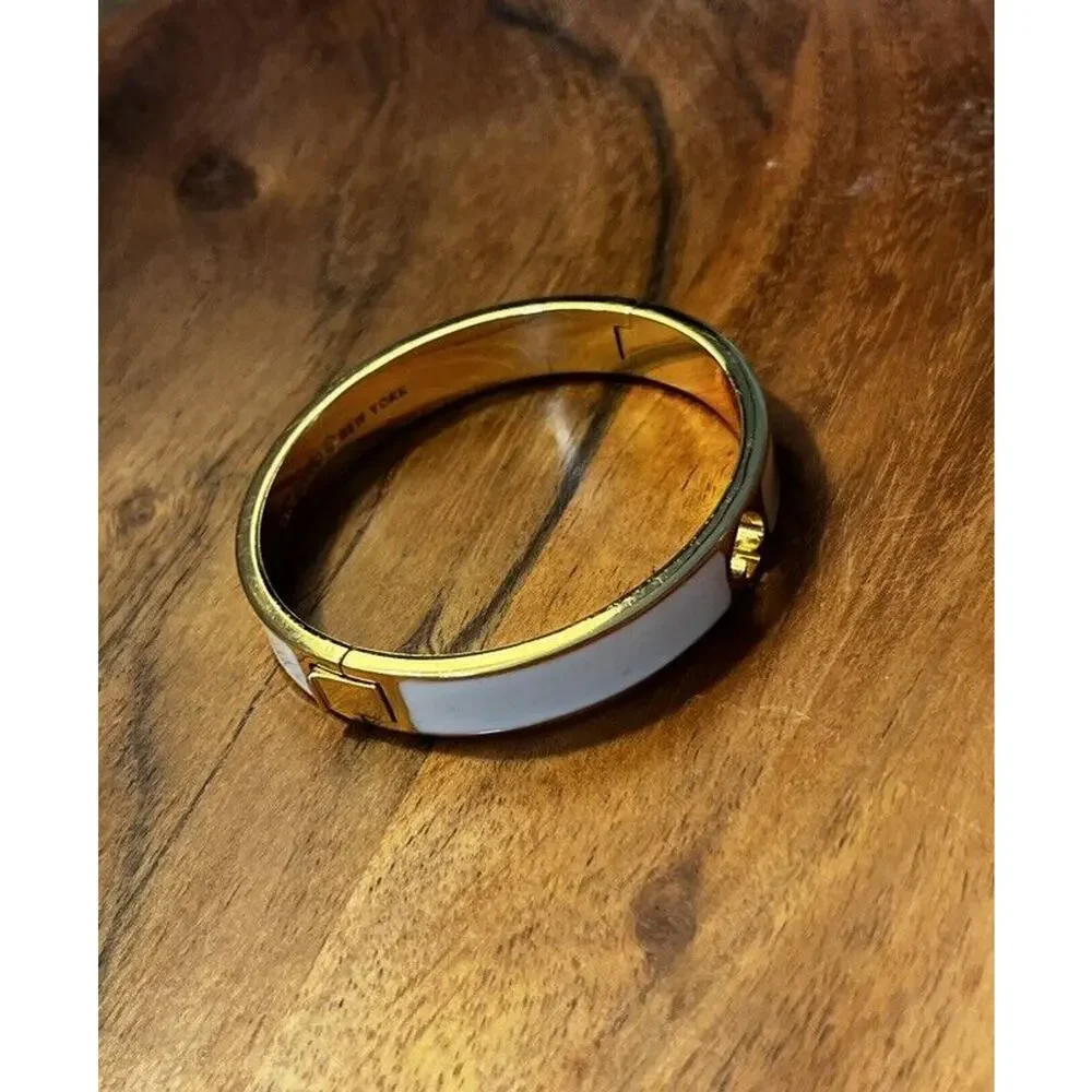Kate Spade Gold Tone Off White Enamel Hinged Bangle Bracelet Stamped - Picture 3 of 11